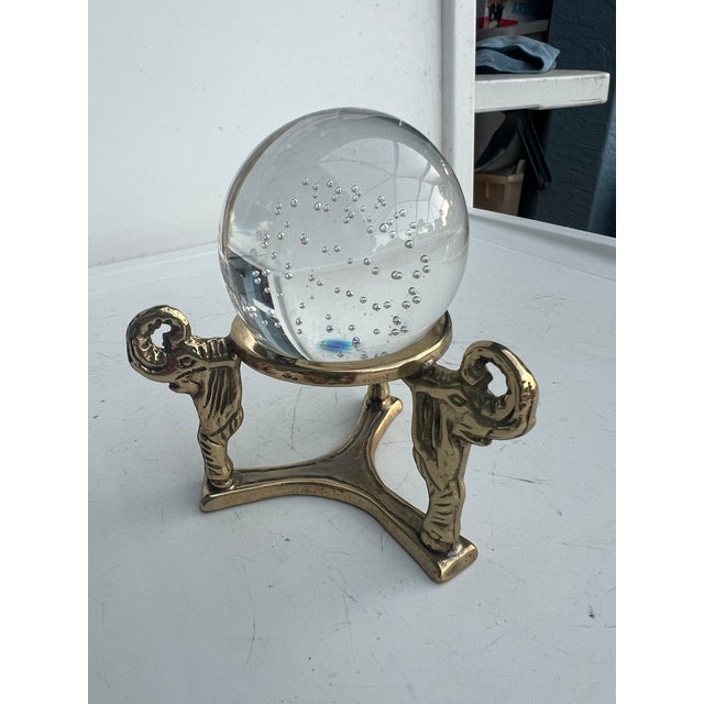 Mid-Century Modern Vintage Brass Elephant Stand With Glass Globe Paperweight For Sale - Image 3 of 6