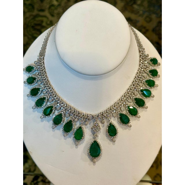 Gia Certified 73ct Zambian Emerald & 22ct Diamond Necklace Earring Bridal Suite For Sale In New York - Image 6 of 8