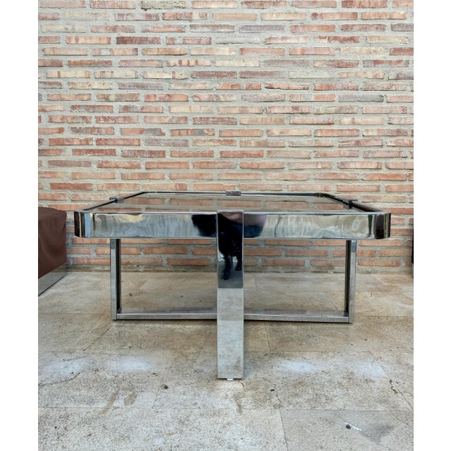 Silver Square Smoked Glass & Steel Coffee or Side Table with 4 Nesting Stools, 1970s, Set of 5 For Sale - Image 8 of 15