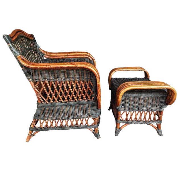Art Deco Wicker & Rattan Armchair and Ottoman President's Style Deco