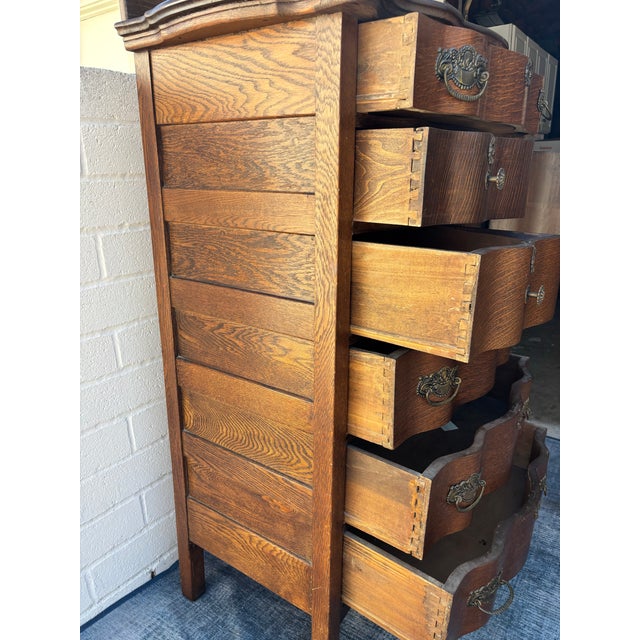 Wood Antique Oak Highboy Dresser Featuring Distinctive Serpentine Bowed Drawers and a Small Upper Side Cabinet For Sale - Image 7 of 11