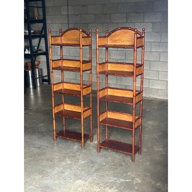 1990s 1990s British Colonial Faux Bamboo and Rattan Freestanding Shelves or Etageres- A Pair For Sale - Image 5 of 12