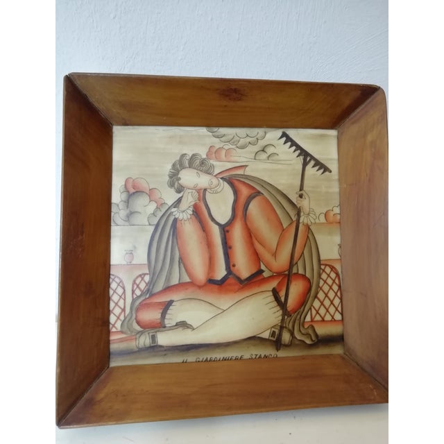 The Tired Gardener Framed Tile by Gio Ponti for Richard-Ginori San Cristoforo, Italy, 1920s For Sale - Image 10 of 10
