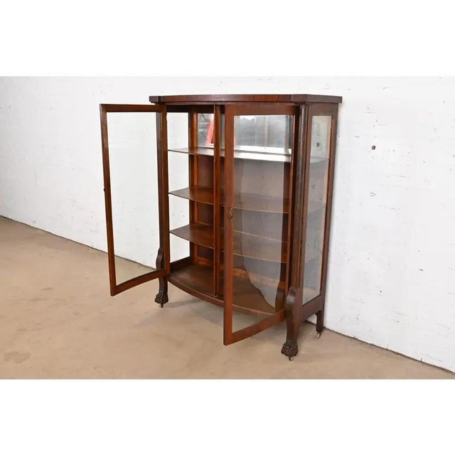 R. J. Horner Style Antique American Empire Oak Bow Front Bookcase Cabinet With Lion's Paw Feet, Circa 1890 For Sale In South Bend - Image 6 of 12
