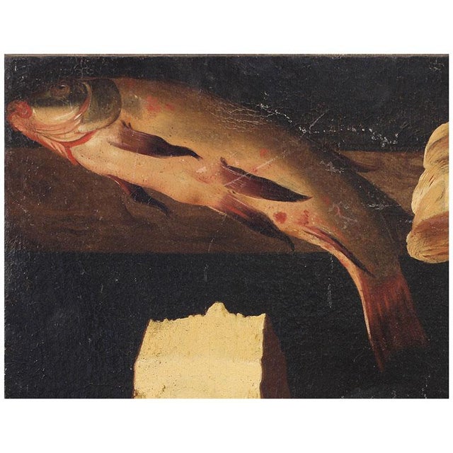 Still Life with Fish, Cheese, and a Teapot, Oil on Canvas, 1800s For Sale - Image 6 of 7