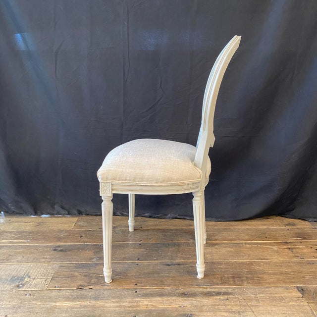 Mid 20th Century French Louis XVI Style Set of 4 Dining Chairs or Side Chairs With Caned Backs and New Upholstery For Sale In Portland, ME - Image 6 of 12