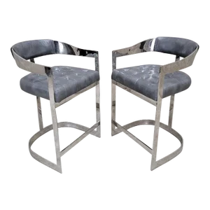Vintage Modern Chrome Curved Back Tufted Counter Stools in Grey Italian Leather - Pair
