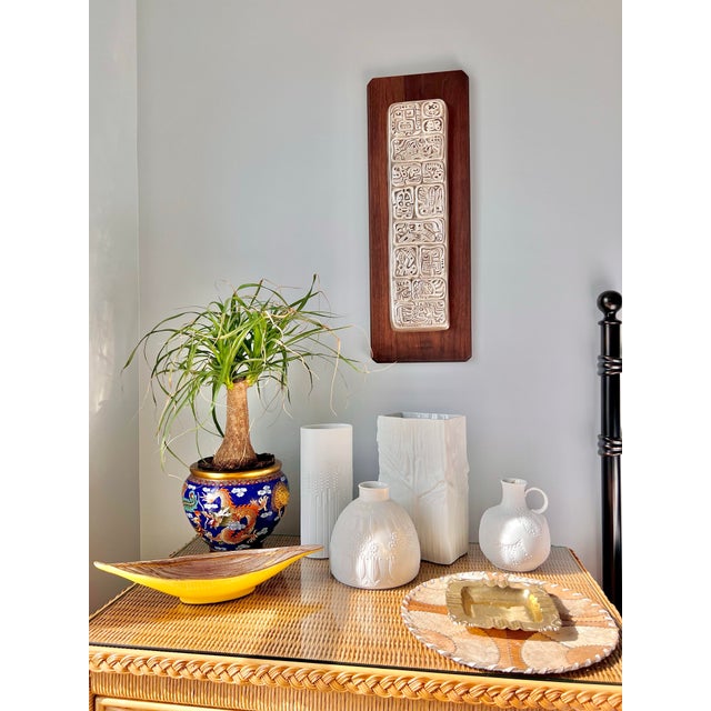 Signed vintage Carlos Sierra Franco Sterling silver wall plaque on original solid walnut board. Titled “The Mayans” this...