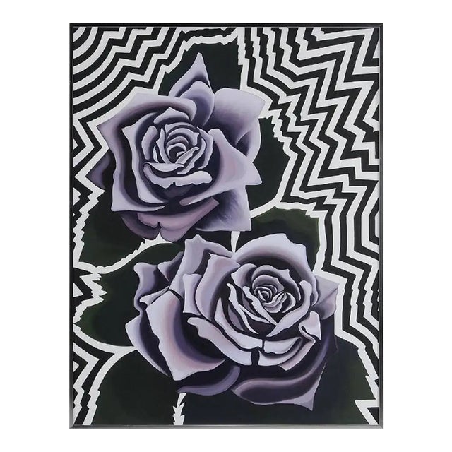 Lowell Nesbitt, Two Violet Roses 1974, Op Art Floral Oil on Canvas Painting For Sale