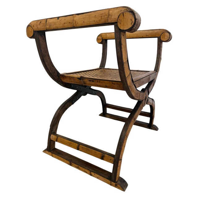 Vintage Bamboo Rattan Savonarola Style Bench For Sale - Image 4 of 12