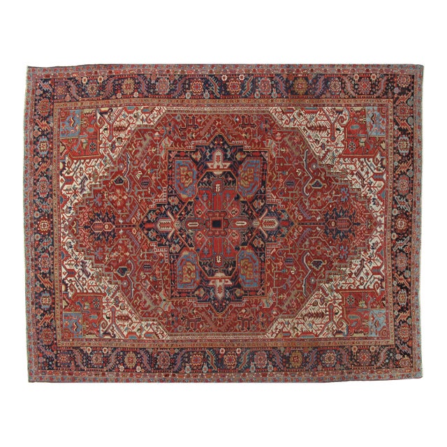 Antique Persian Heriz Carpet Handmade Wool Oriental Rug, Rusty/Red Field, Navy For Sale