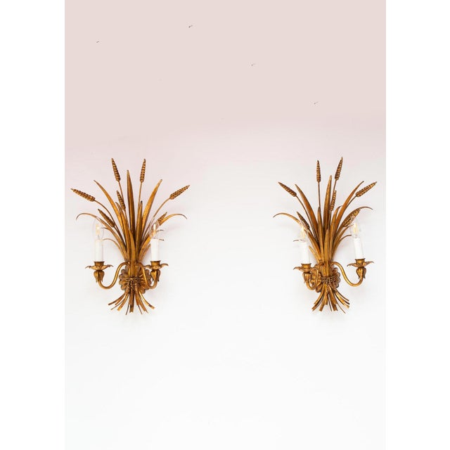 1970s Italian Gilt Metal Wall Sconces with Leaves and Ears of Wheat, 1970s, Set of 2 For Sale - Image 5 of 8