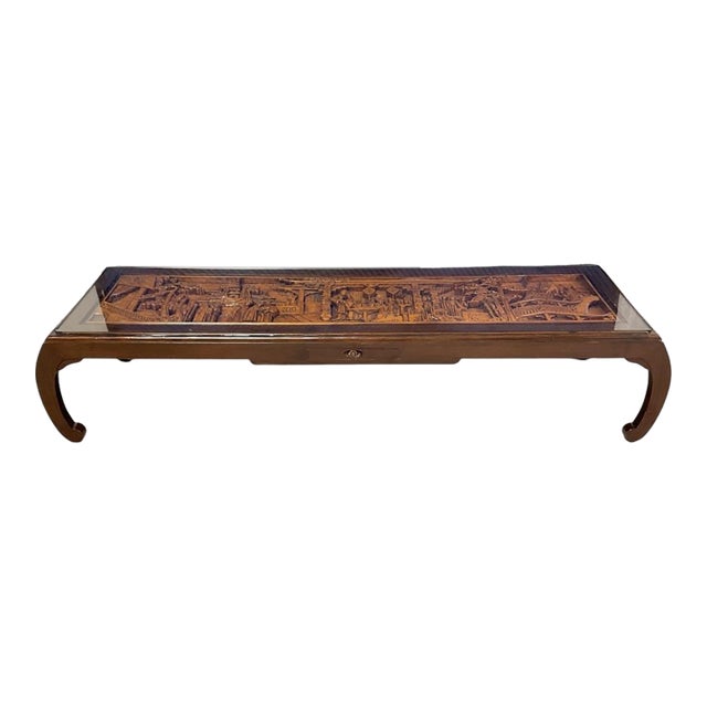 Mid 20th Century Mid-Century Modern Style Hand-Carved Asian Scene Coffee Table With Glass Top & Hidden Drawer For Sale