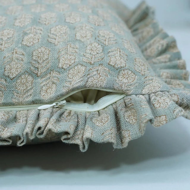 Fabdivine Handcrafted Block Print Frill Cushion Cover Light Blue 16x16 Inch Thick Linen- Tulsi Buti For Sale - Image 4 of 5