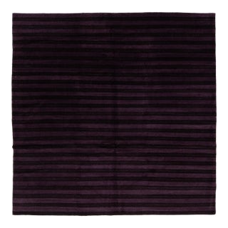 Contemporary Tibetan Hand-Knotted Wool and Silk Rug With Deep Plum Stripes For Sale