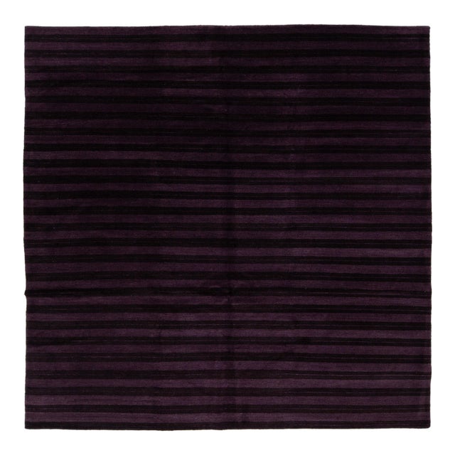 Contemporary Tibetan Hand-Knotted Wool and Silk Rug With Deep Plum Stripes For Sale