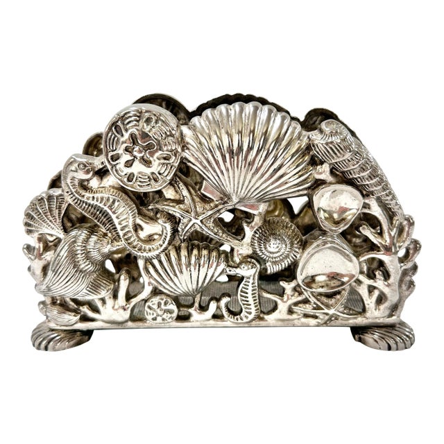 Vintage Godinger Seashell Seahorse Starfish Napkin Holder Silver Plate For Sale