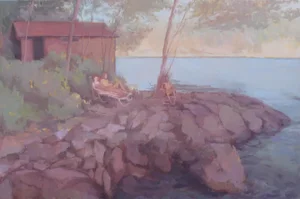 Swimmers Lake Landscape Painting by Michelle Farro