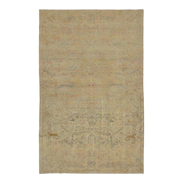 Antique Turkish Rug With Distressed Floral Design in Beige Tones - Rug & Kilim For Sale