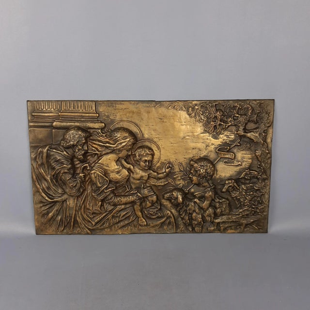 Brass and Embossed Sheet Metal High Relief Panel with Holy Family Painting, 1940s For Sale - Image 4 of 11