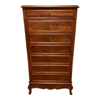 Antique 19th Century Louis XV Provincial Style Parquetry Tulipwood & Marble Top Chest of Dresser For Sale