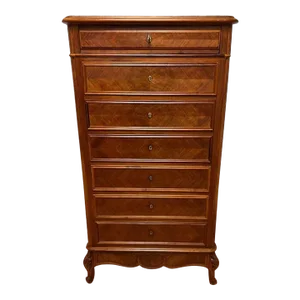 Antique 19th Century Louis XV Provincial Style Parquetry Tulipwood & Marble Top Chest of Dresser