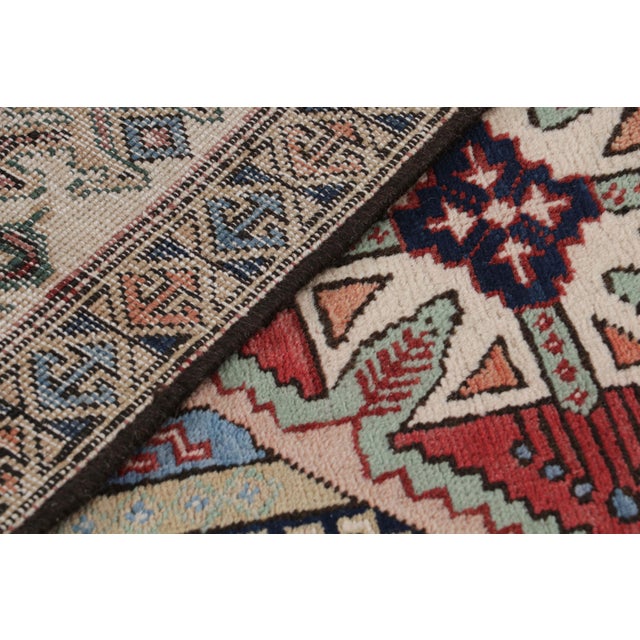 Textile Vintage Geometric Beige Green and Red Azerbaijan Wool Persian Pile Runner For Sale - Image 7 of 7