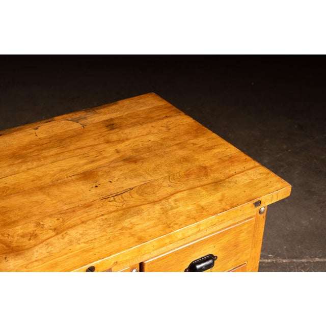 Early 20th Century Walnut Industrial Workbench With Swing-Out Stools For Sale - Image 12 of 18