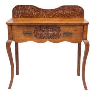 Solid Tiger Oak Carved Console Hall Table W/ Drawer For Sale