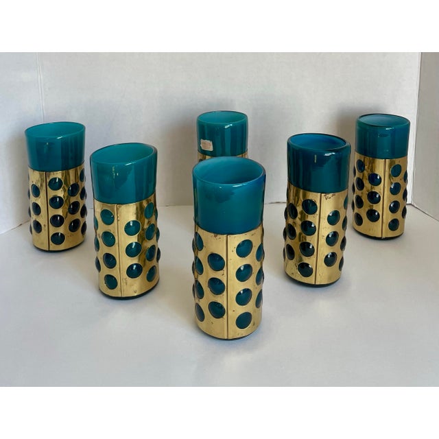 Mid 20th Century Mexican Hand-Blown Caged Blue Art Glass and Brass Glasses Made by Jomeli - Set of 6 For Sale - Image 10 of 12