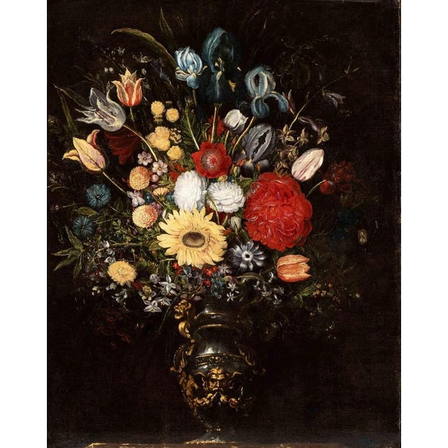 Unknown, Vase of Flowers in a Metal Vase with a Mask, Oil Painting, Early 17th Century For Sale - Image 6 of 6