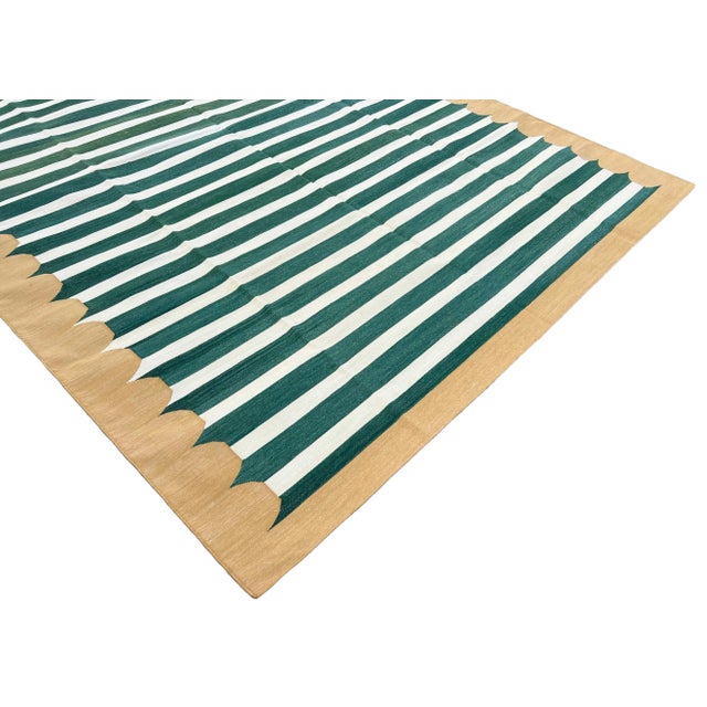 Handmade Cotton Area Rug, Natural Vegetable Dyed, Green and White Striped Dhurrie With Mustard Border -4'x6' For Sale - Image 6 of 10