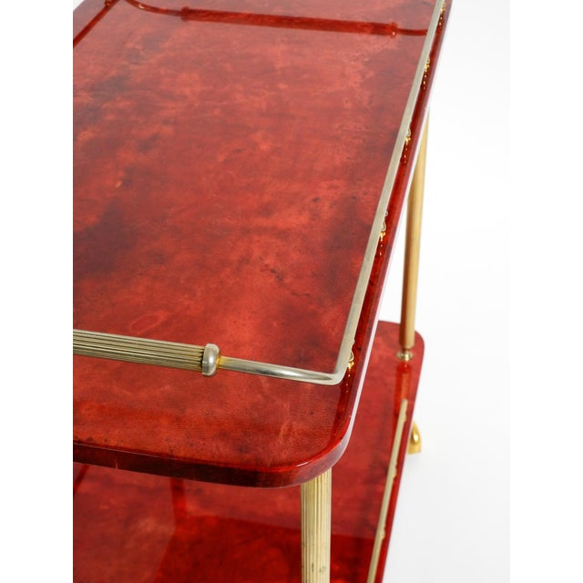 Large Vintage Red Goatskin Serving Bar Cart by Aldo Tura, 1960s For Sale - Image 10 of 18