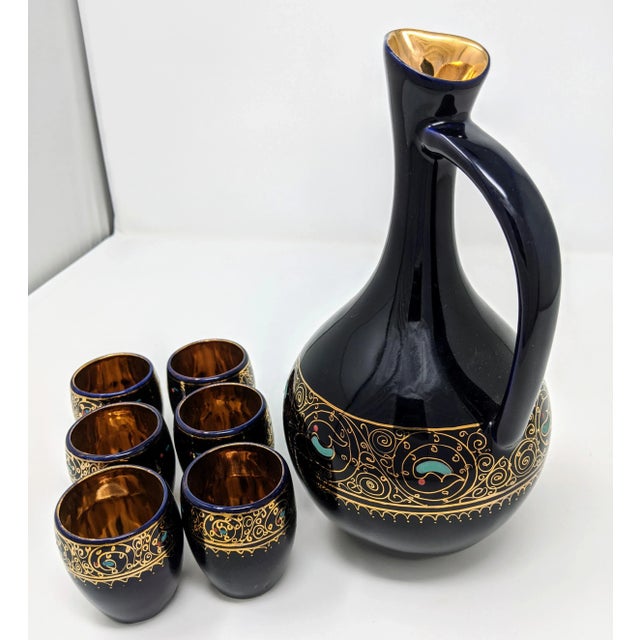 Vintage 1980s Regency Navy Blue and Gold Carafe & Shot Glass Set - 7 Pieces For Sale In Providence - Image 6 of 13