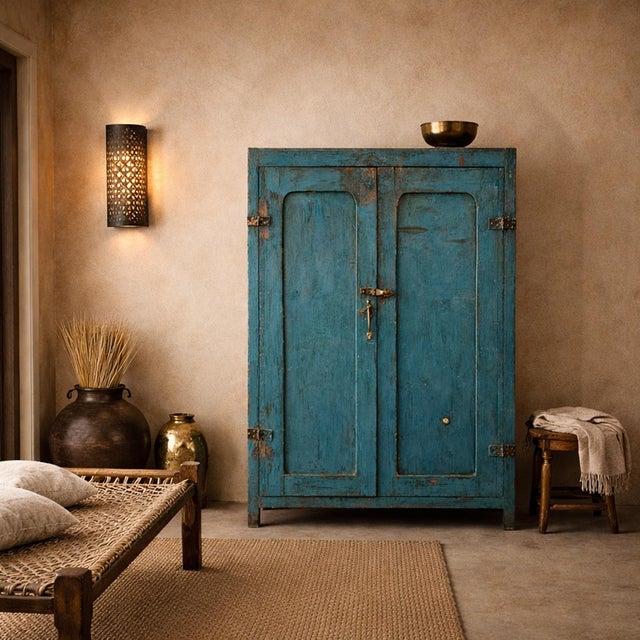 Antique Cobalt Blue Indian Farmhouse Storage Cabinet For Sale - Image 9 of 9