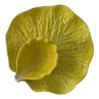 Mid Century Secla Portugal Yellow Cabbage Ware Chip and Dip For Sale