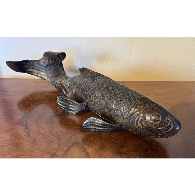 Antique 19th century Japanese Meiji bronze fish okimono sculpture of a Carp. Naturalistically sculpted with detailed...