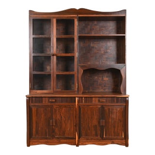 Don Shoemaker Studio Crafted Carved Cocobolo Rosewood Breakfront Bookcase Cabinet, Circa 1970s For Sale