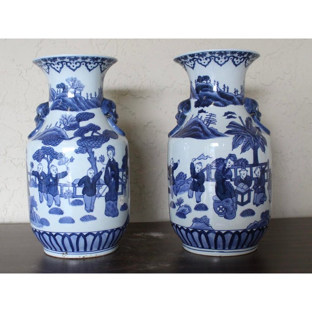 Pair of Blue & White Chinese Porcelain Figural Scenic Vases W/ Doyle Provenance For Sale - Image 4 of 8
