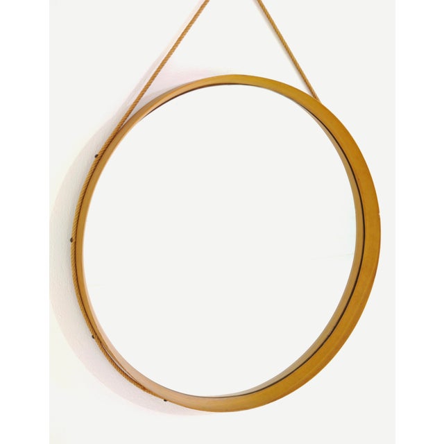 1960s Mid-Century Modern Round Wooden Wall Mirror with Rope, 1950s For Sale - Image 5 of 15