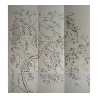 Soft Grey Chinoiserie Mural | 3-Panel Hand-Painted Tree Branch Wallpaper For Sale