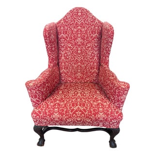 Elegant Queen Anne Wingback Chair in Coral Damask Upholstery With Carved Mahogany Frame For Sale