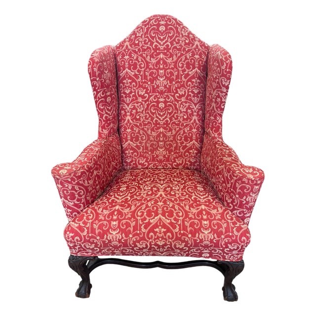Elegant Queen Anne Wingback Chair in Coral Damask Upholstery With Carved Mahogany Frame For Sale