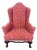 Elegant Queen Anne Wingback Chair in Coral Damask Upholstery With Carved Mahogany Frame For Sale