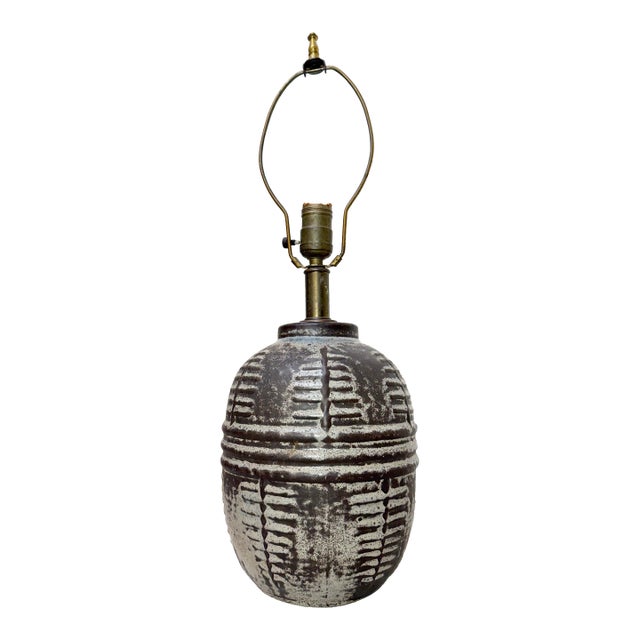 Antique Handmade Brutalist Black Gray Terracotta Pottery Electric Table Lamp For Sale