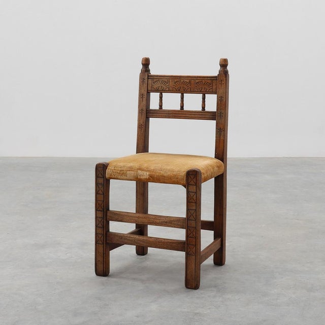 Spanish Hand-Carved Oak Side Chair with Velour Seat, 19th Century For Sale - Image 14 of 14