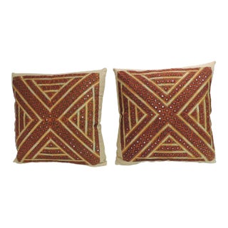 Vintage Rust and Green Embroidered Indian Square Pillows - A Pair For Sale