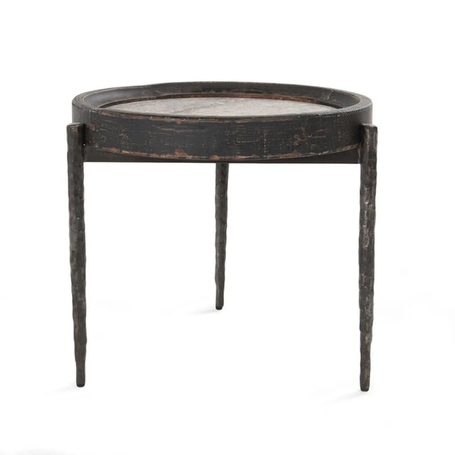 Modern round side table with a rustic flare. Reclaimed pine wood frame tray top with black distressed painted finish....