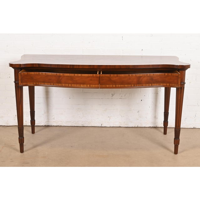 1980s Arthur Brett & Sons English Regency Louis XVI Banded Mahogany Serpentine Sideboard Buffet or Console Table, Newly Refinished For Sale - Image 5 of 12