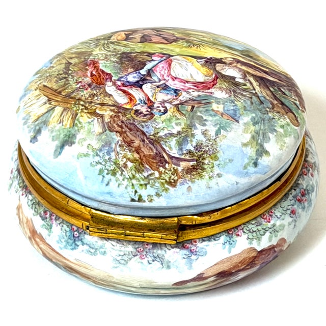 19th Century French Limoges Enamel Dresser Box with Rococo Pastoral Scenes For Sale - Image 9 of 13